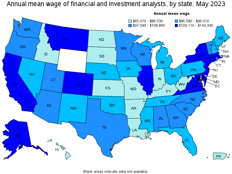 Map of annual mean wages of financial and investment analysts by state, May 2023