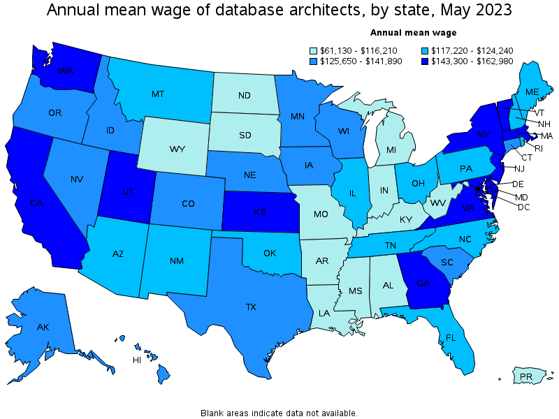 Map of annual mean wages of database architects by state, May 2023