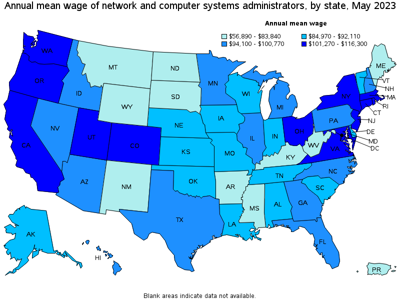 Map of annual mean wages of network and computer systems administrators by state, May 2023