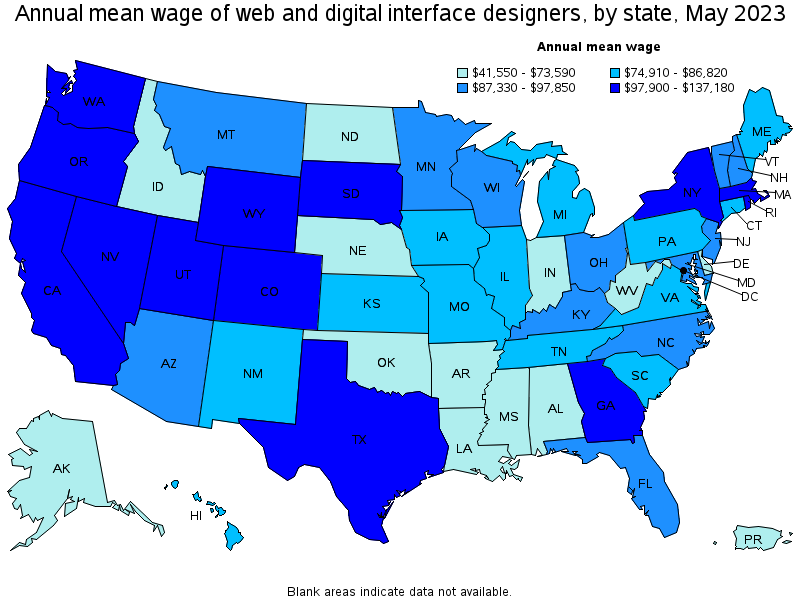Map of annual mean wages of web and digital interface designers by state, May 2023
