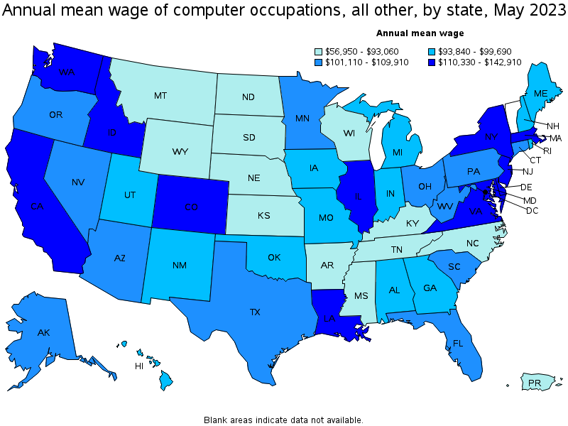 Map of annual mean wages of computer occupations, all other by state, May 2023