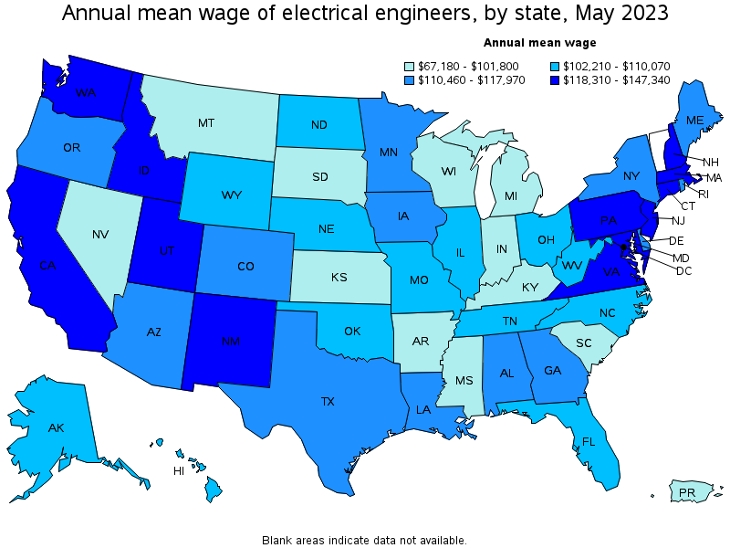 Map of annual mean wages of electrical engineers by state, May 2023