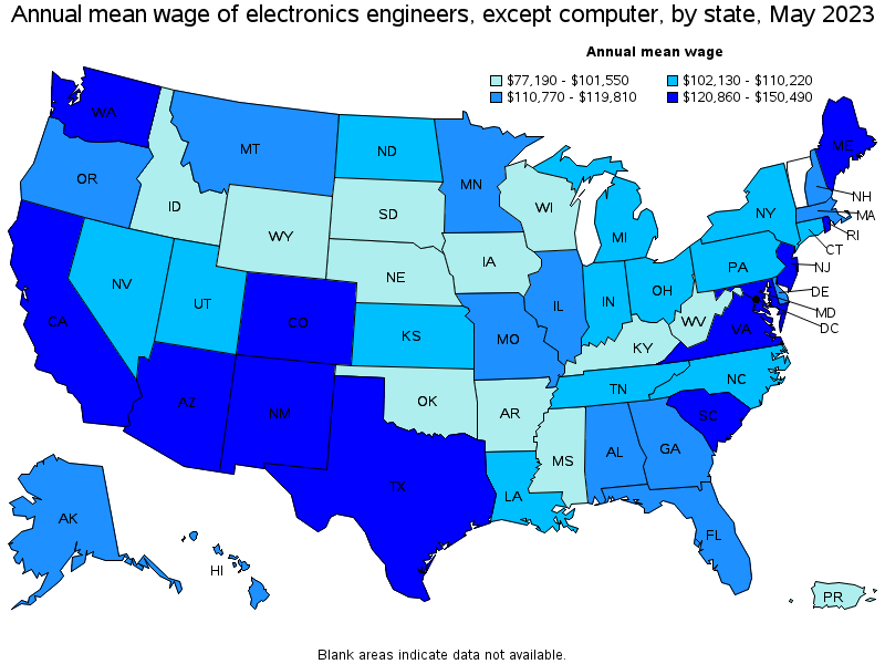 Map of annual mean wages of electronics engineers, except computer by state, May 2023