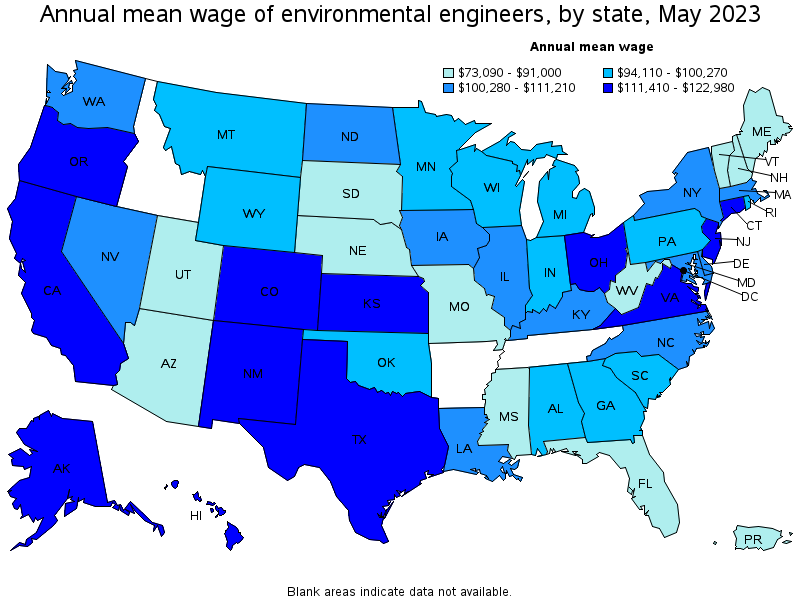 Map of annual mean wages of environmental engineers by state, May 2023