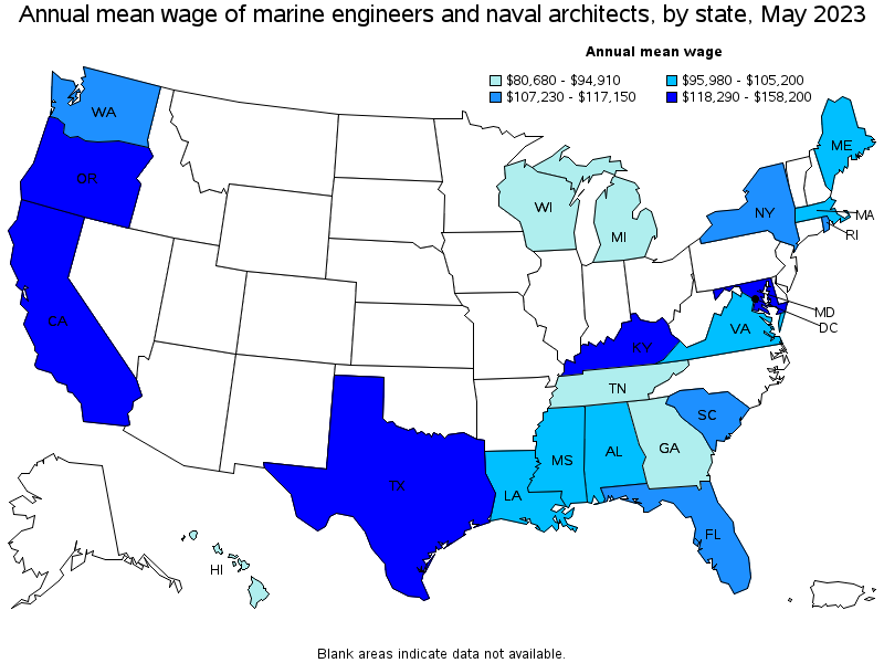 Map of annual mean wages of marine engineers and naval architects by state, May 2023