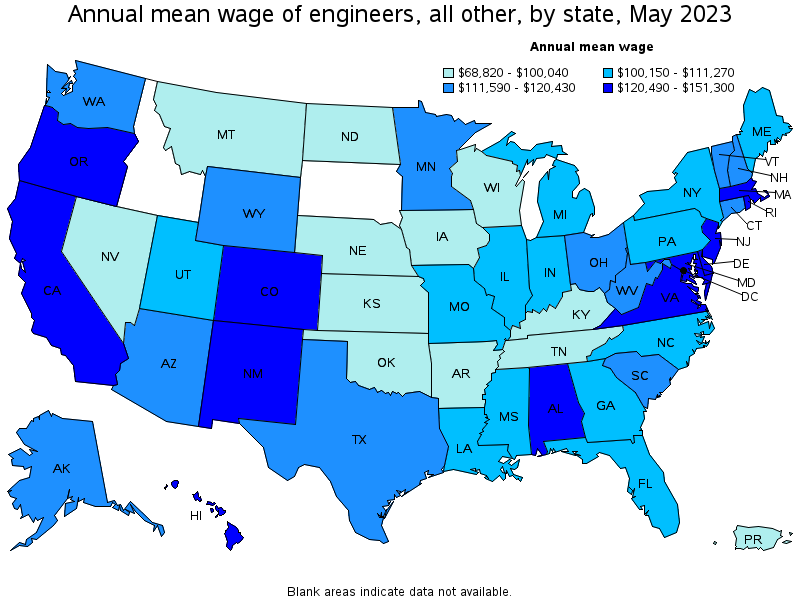 Map of annual mean wages of engineers, all other by state, May 2023