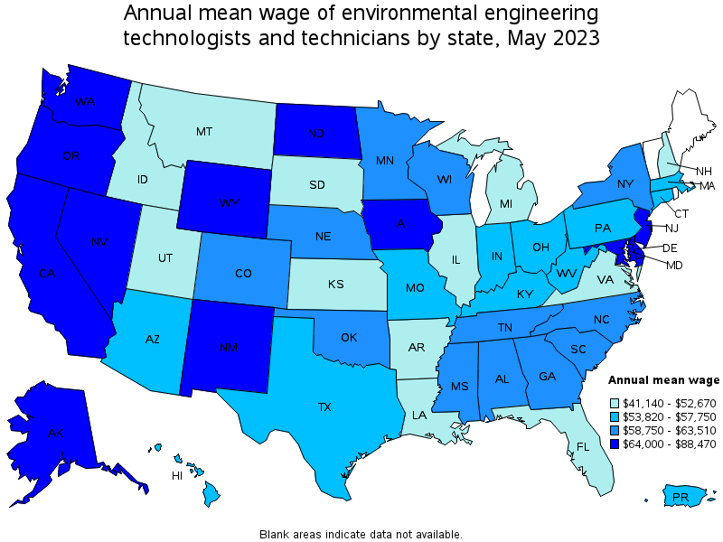 Map of annual mean wages of environmental engineering technologists and technicians by state, May 2023
