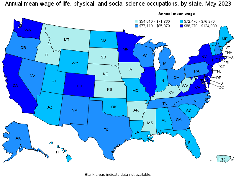 Map of annual mean wages of life, physical, and social science occupations by state, May 2023