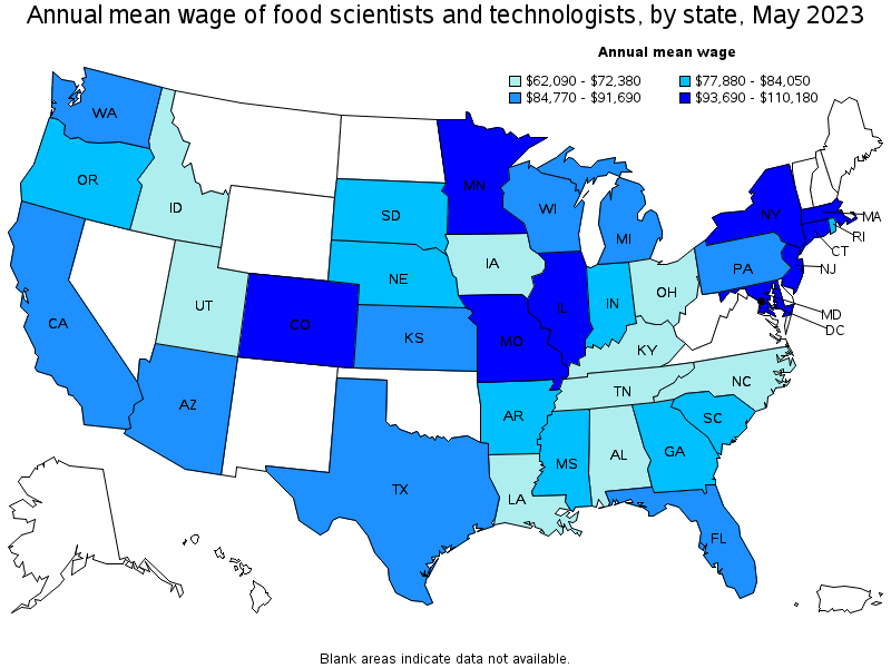 Map of annual mean wages of food scientists and technologists by state, May 2023