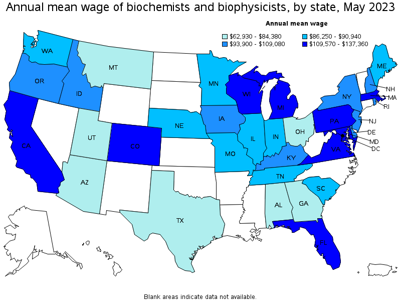 Map of annual mean wages of biochemists and biophysicists by state, May 2023