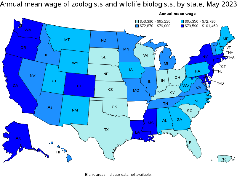Map of annual mean wages of zoologists and wildlife biologists by state, May 2023