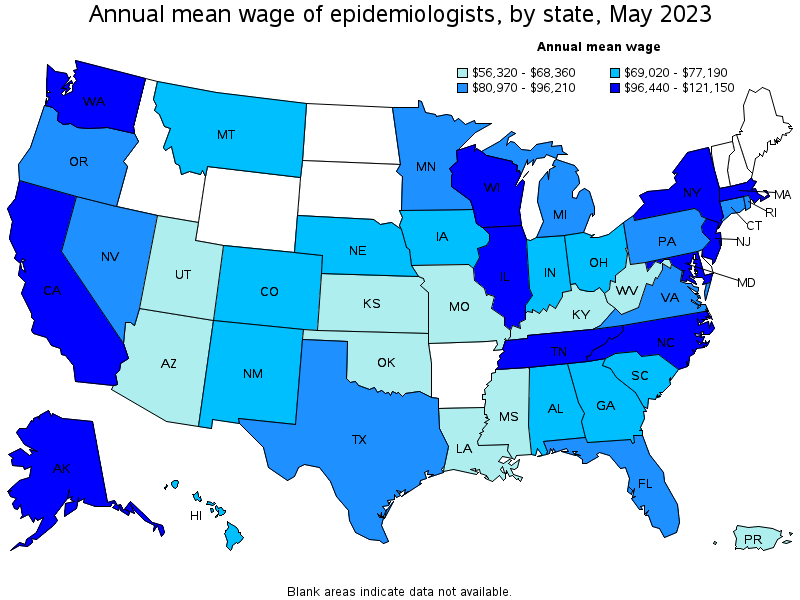 Map of annual mean wages of epidemiologists by state, May 2023