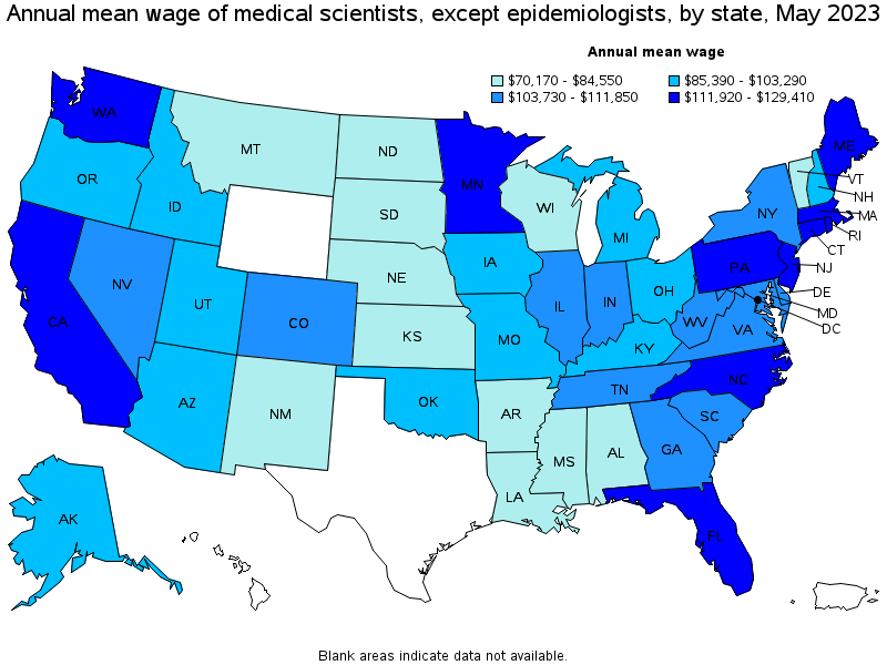 Map of annual mean wages of medical scientists, except epidemiologists by state, May 2023