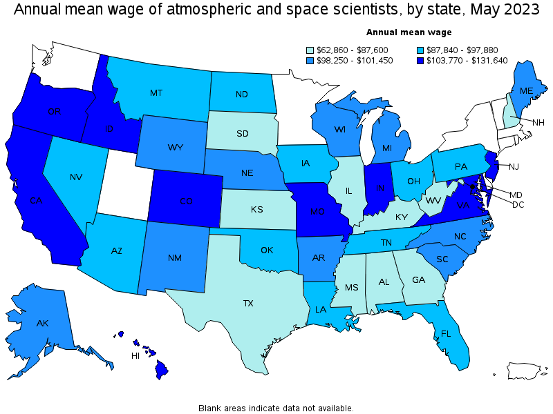 Map of annual mean wages of atmospheric and space scientists by state, May 2023