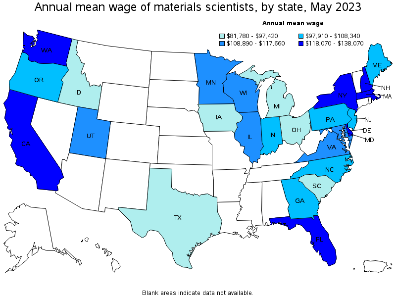 Map of annual mean wages of materials scientists by state, May 2023