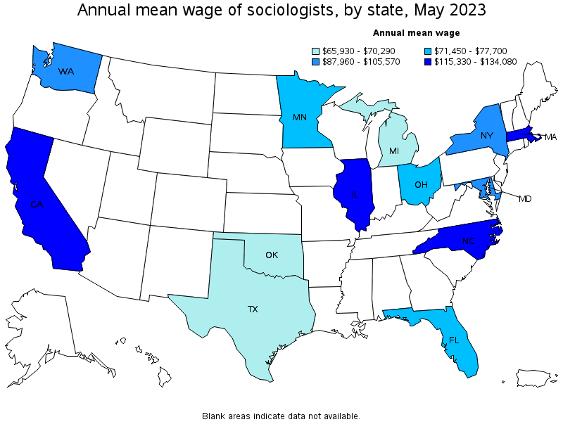 Map of annual mean wages of sociologists by state, May 2023