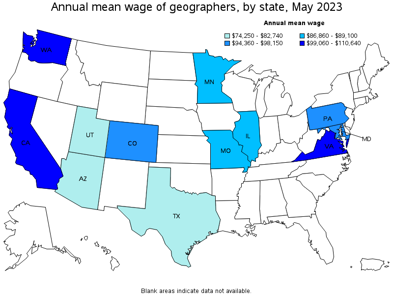 Map of annual mean wages of geographers by state, May 2023