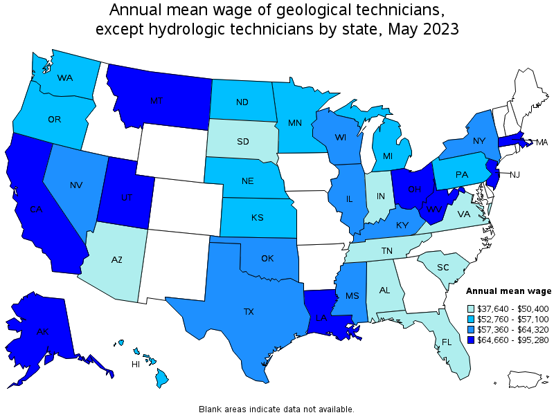 Map of annual mean wages of geological technicians, except hydrologic technicians by state, May 2023