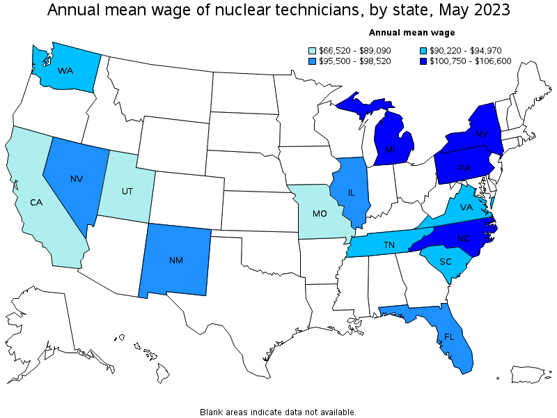 Map of annual mean wages of nuclear technicians by state, May 2023
