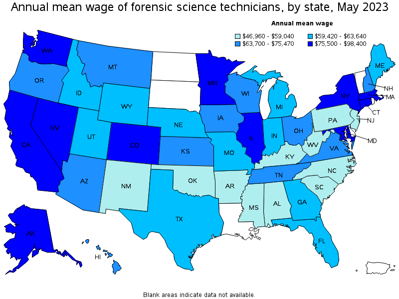 Map of annual mean wages of forensic science technicians by state, May 2023