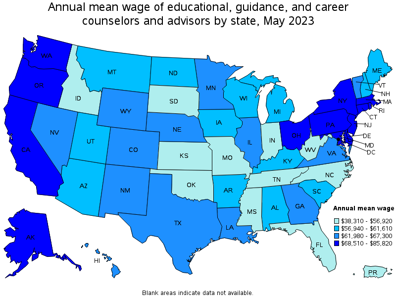 Map of annual mean wages of educational, guidance, and career counselors and advisors by state, May 2023