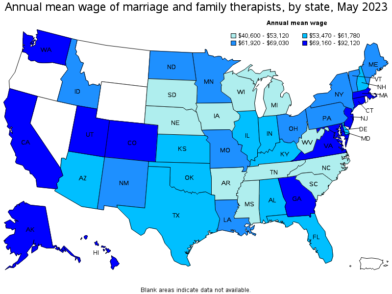 Map of annual mean wages of marriage and family therapists by state, May 2023