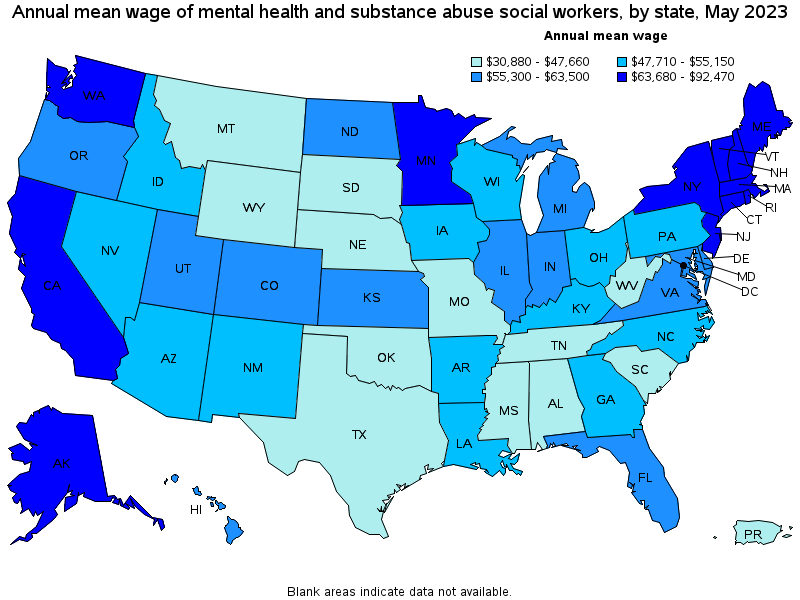 Map of annual mean wages of mental health and substance abuse social workers by state, May 2023