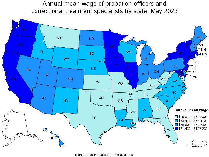 Map of annual mean wages of probation officers and correctional treatment specialists by state, May 2023