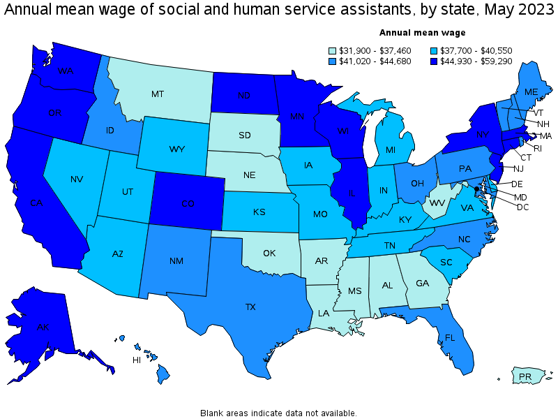 Map of annual mean wages of social and human service assistants by state, May 2023