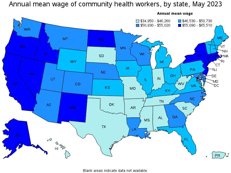 Map of annual mean wages of community health workers by state, May 2023