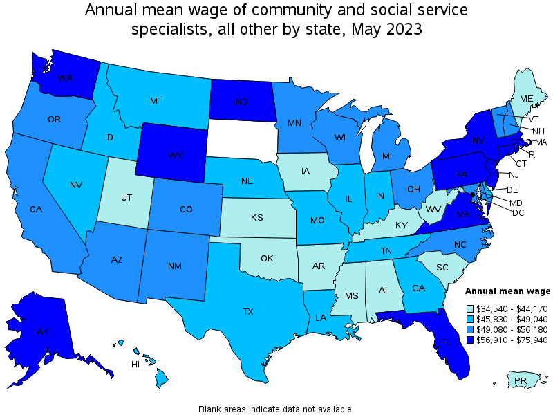 Map of annual mean wages of community and social service specialists, all other by state, May 2023