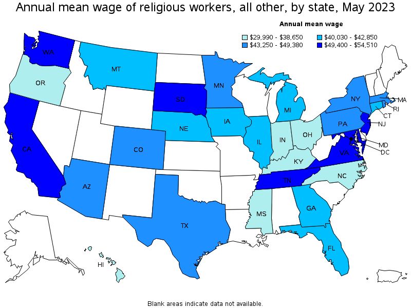 Map of annual mean wages of religious workers, all other by state, May 2023