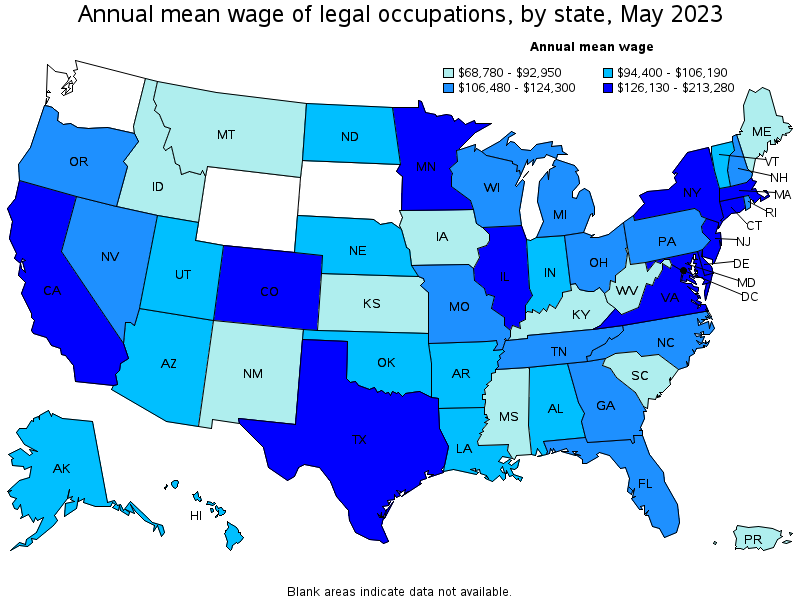Map of annual mean wages of legal occupations by state, May 2023