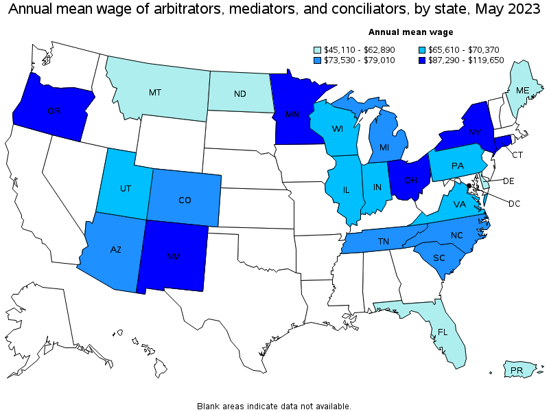Map of annual mean wages of arbitrators, mediators, and conciliators by state, May 2023