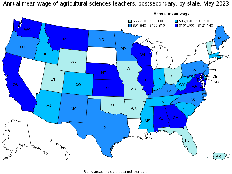 Map of annual mean wages of agricultural sciences teachers, postsecondary by state, May 2023