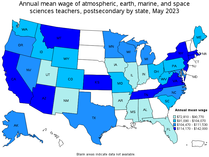 Map of annual mean wages of atmospheric, earth, marine, and space sciences teachers, postsecondary by state, May 2023
