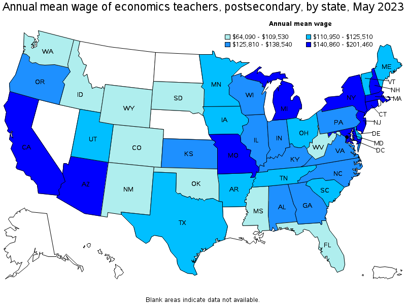 Map of annual mean wages of economics teachers, postsecondary by state, May 2023