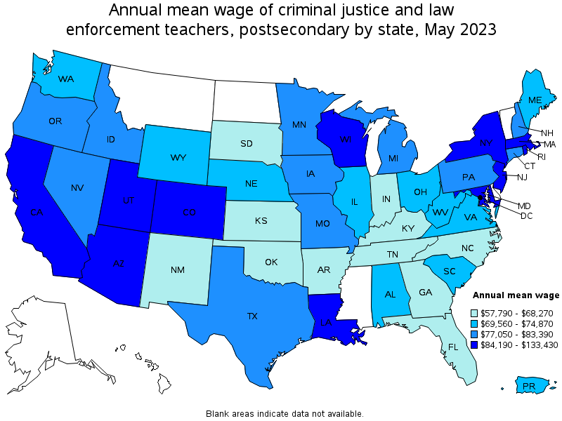 Map of annual mean wages of criminal justice and law enforcement teachers, postsecondary by state, May 2023