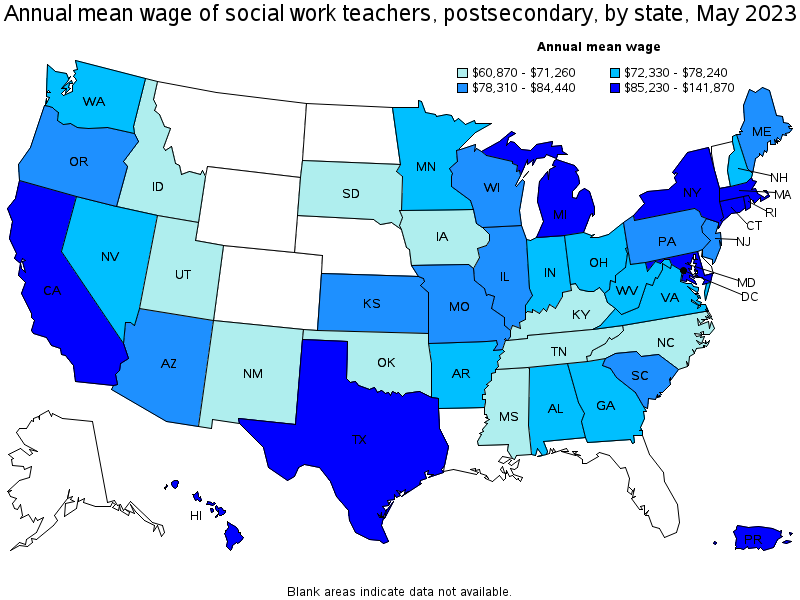 Map of annual mean wages of social work teachers, postsecondary by state, May 2023