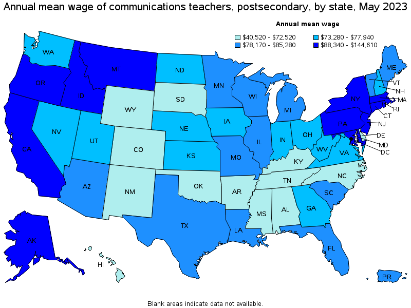 Map of annual mean wages of communications teachers, postsecondary by state, May 2023
