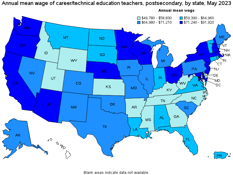 Map of annual mean wages of career/technical education teachers, postsecondary by state, May 2023