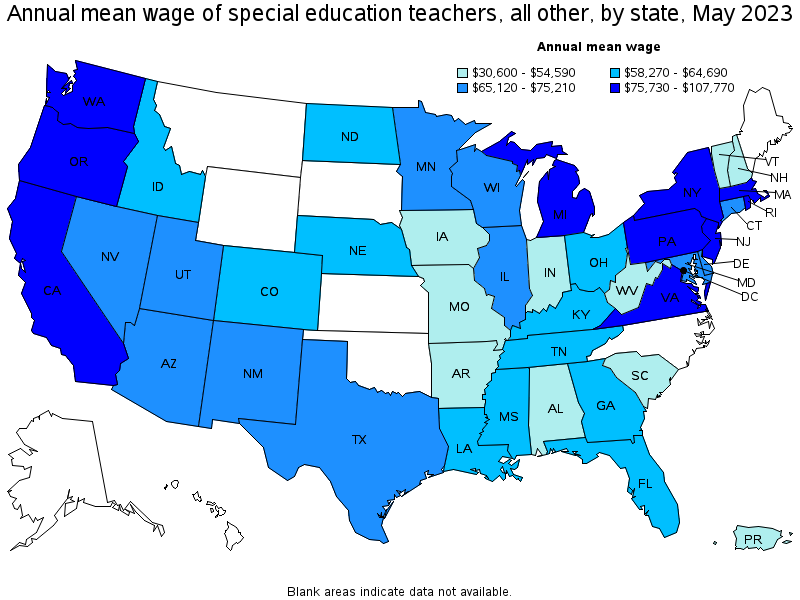 Map of annual mean wages of special education teachers, all other by state, May 2023