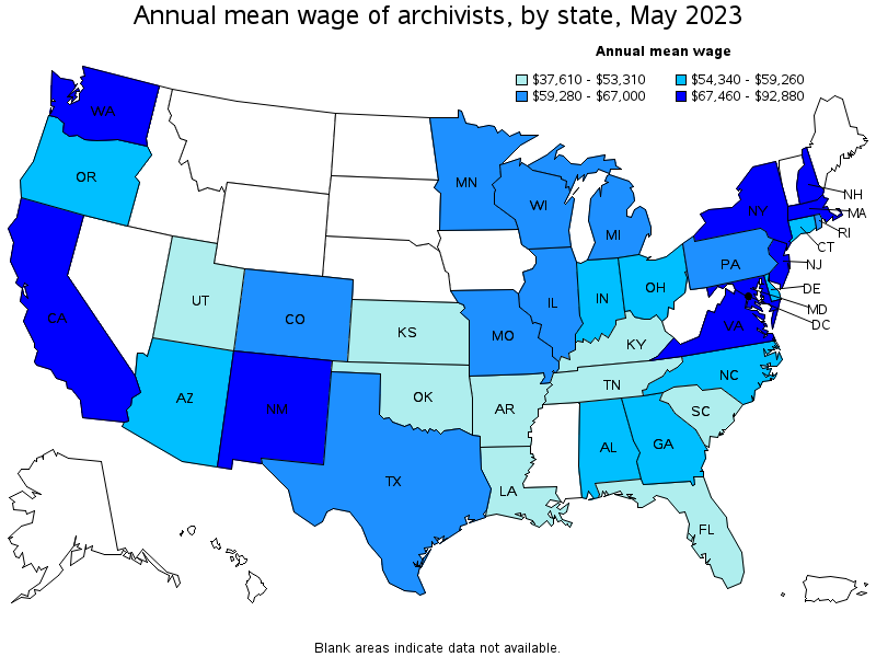 Map of annual mean wages of archivists by state, May 2023