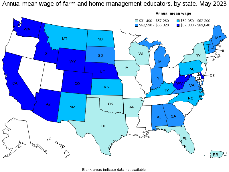 Map of annual mean wages of farm and home management educators by state, May 2023