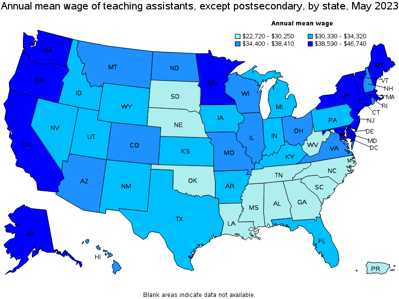 Map of annual mean wages of teaching assistants, except postsecondary by state, May 2023