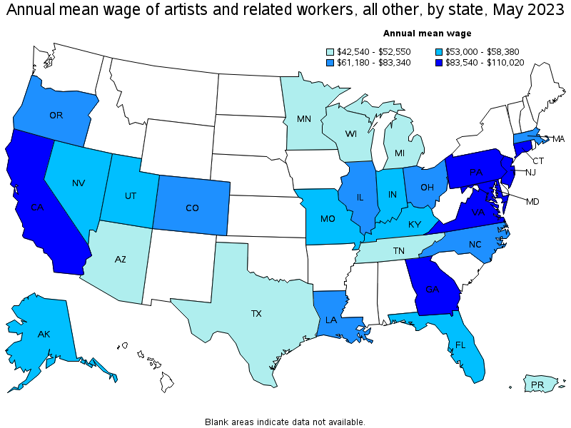 Map of annual mean wages of artists and related workers, all other by state, May 2023