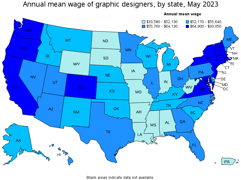 Map of annual mean wages of graphic designers by state, May 2023
