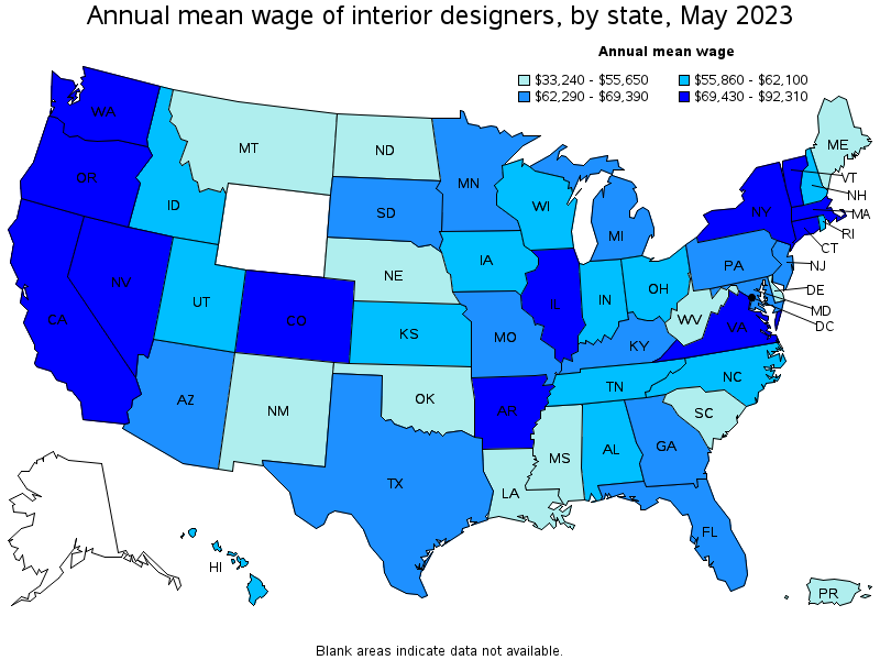 Map of annual mean wages of interior designers by state, May 2023