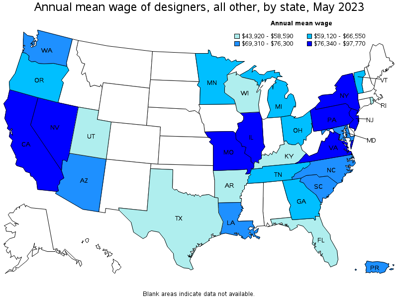 Map of annual mean wages of designers, all other by state, May 2023