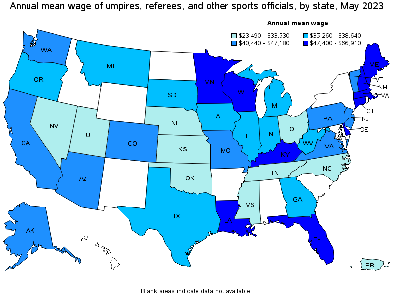 Map of annual mean wages of umpires, referees, and other sports officials by state, May 2023